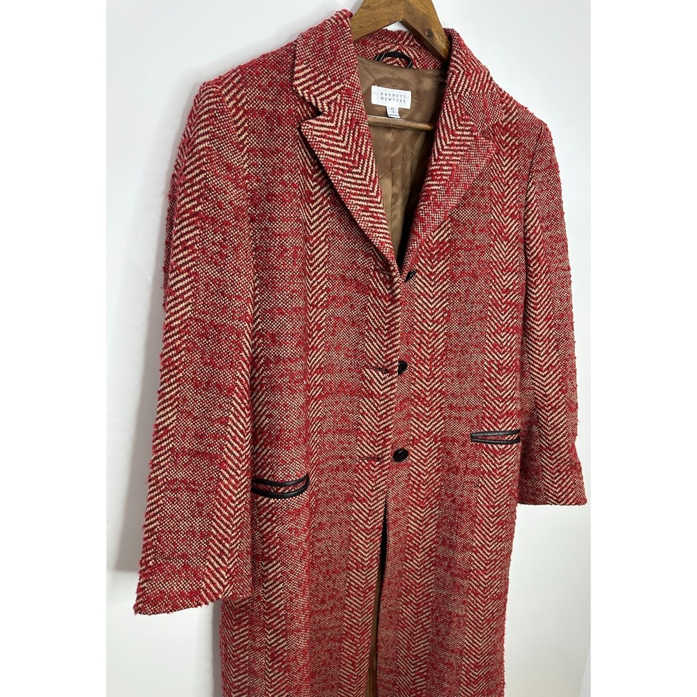 Barneys New York Herringbone Wool Tweed Overcoat Red Tan Italy Size 8 Long Coat - Picture 3 of 16